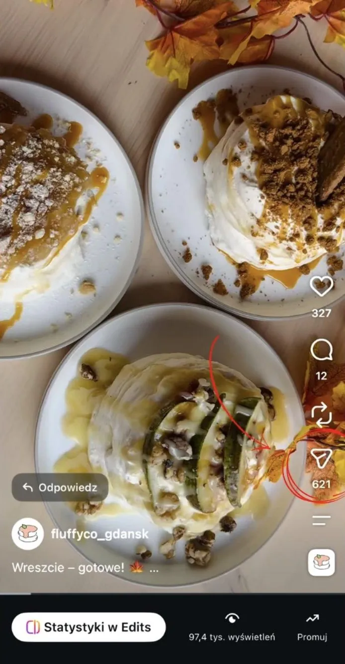 Statystyki rolki dla marki gastronomicznej: 97,4 tys. wyświetleń i 621 udostępnień